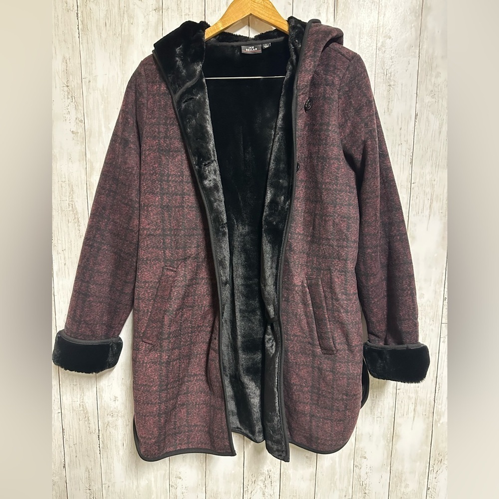 Ike Behar Burgundy Plaid Teddy Hooded Jacket Size L - Picture 2 of 6